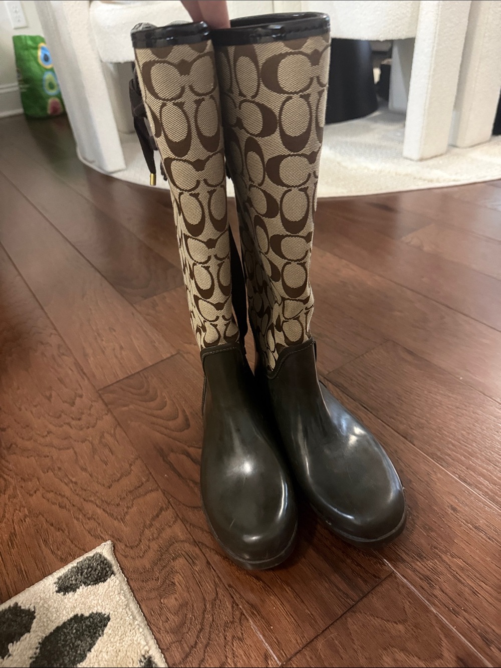 Coach Brown Khaki Signature Pattern Rain Boots